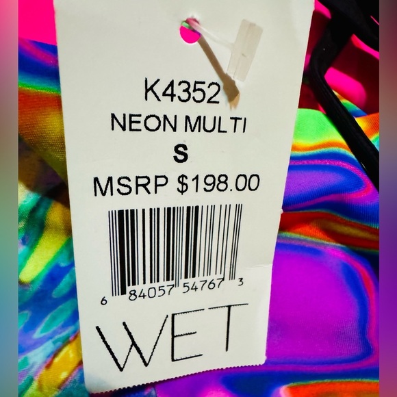 WET Designer Swimwear 1 Piece Neon Multi Sexy Cutout Back Swimsuit SZ Small NWT - Picture 9 of 9